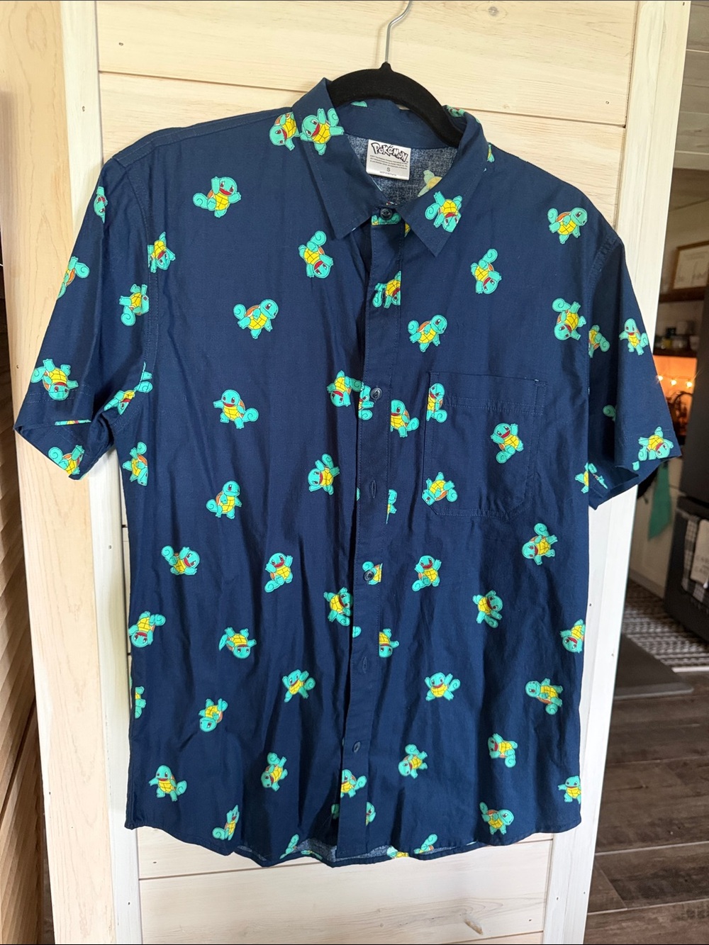 Pokeman Squirtle Print Navy Short - Sleeve Button-Up Shirt